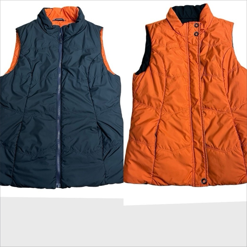 Nautica Youth Unisex Reversible Puffer Vest Orange Navy Full Zip Size M Utility